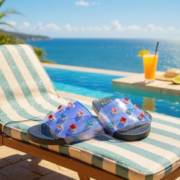 Women's Mudd Clear Rhinestone Embellished Pool Beach Slide Summer Sandal NWT - Picture 4 of 16